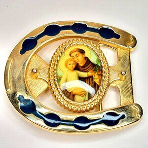 Horseshoe Belt Buckle Monk and Baby Jesus Gold Tone religious novelty unisex
